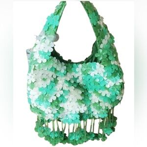 Green and white flower beaded handbag with fringe flower trim Made in India New